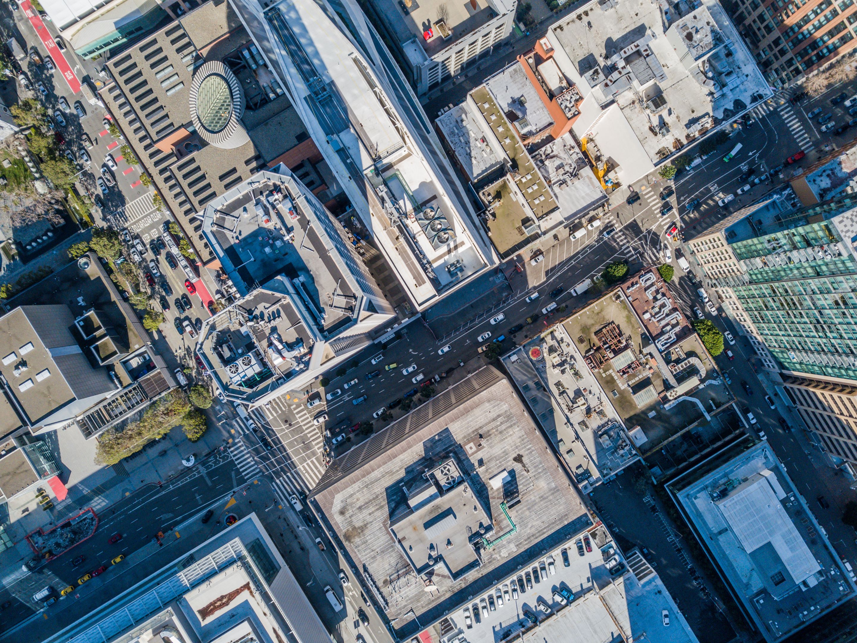 Bird's-eye image of a cityscape.