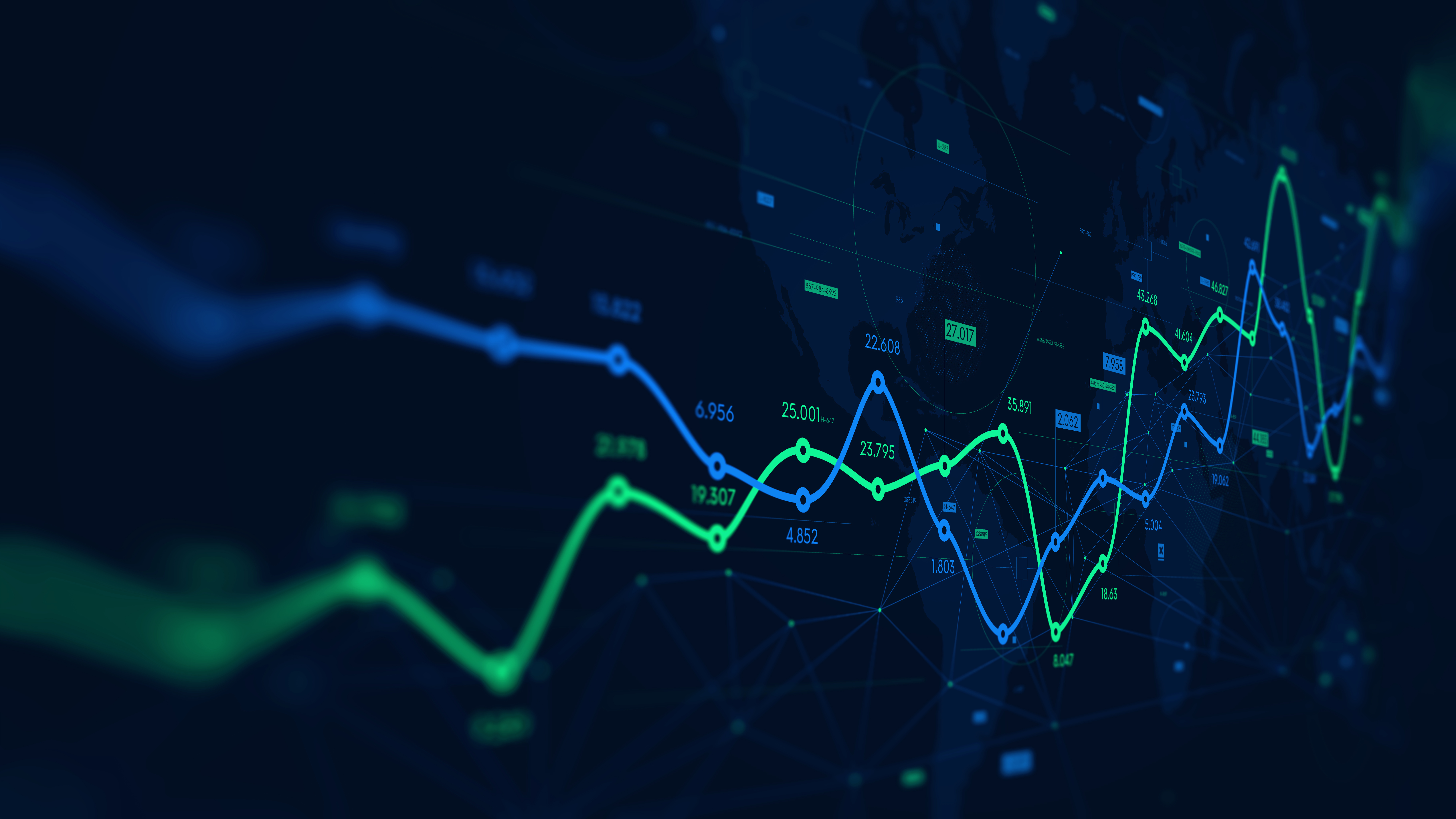 Image of two line graphs showing positive trends, one blue and one green.