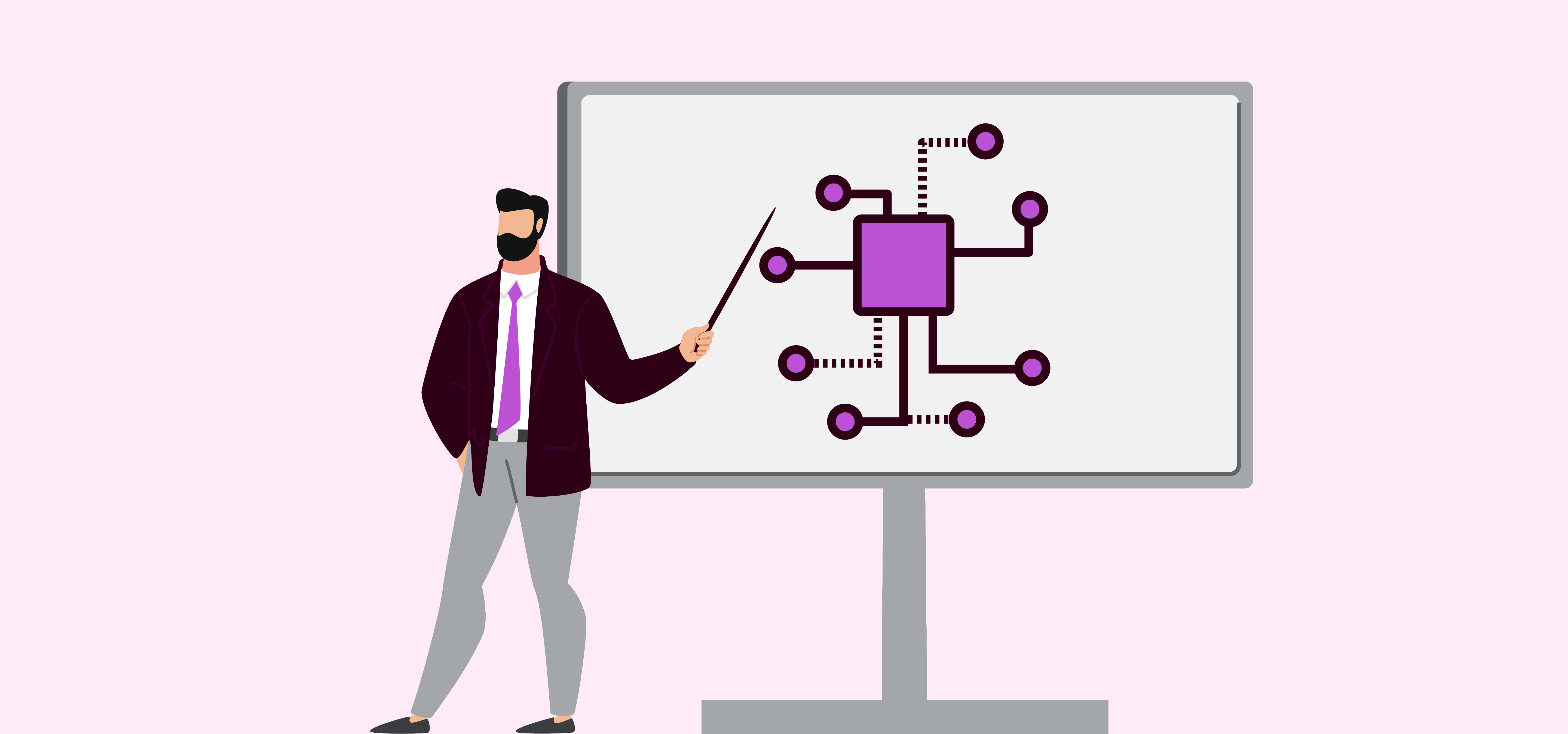 An illustration of a business man pointing to a graphic on a screen.