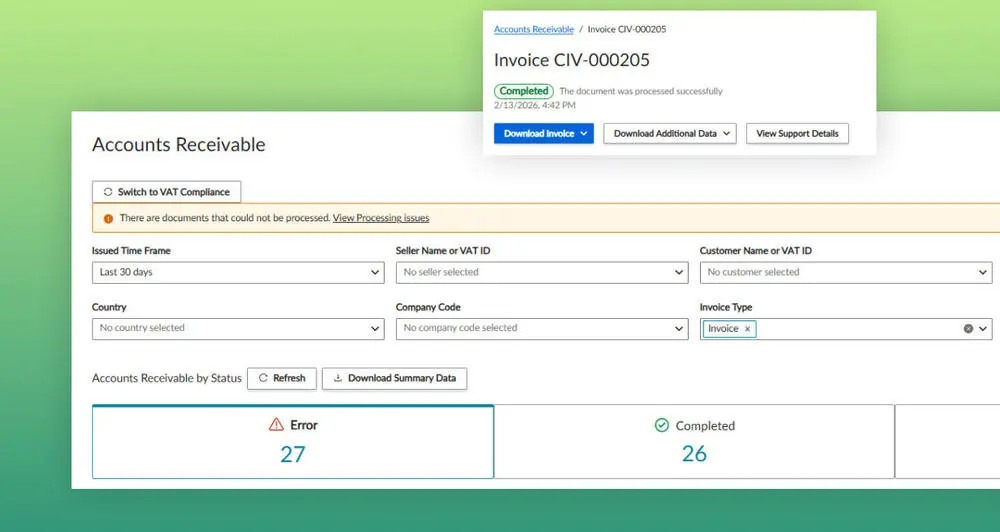 Vertex Product screenshot demonstrating Real-Time e-Invoicing Dashboard with excerpt for invoice status.