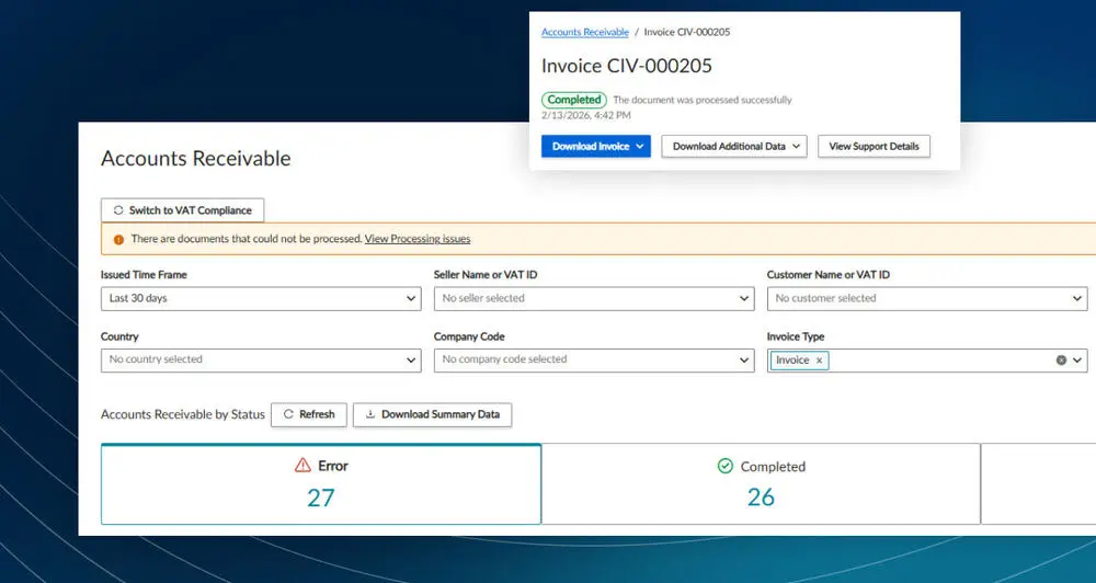 Vertex Product screenshot demonstrating Real-Time e-Invoicing Dashboard with excerpt for invoice status.