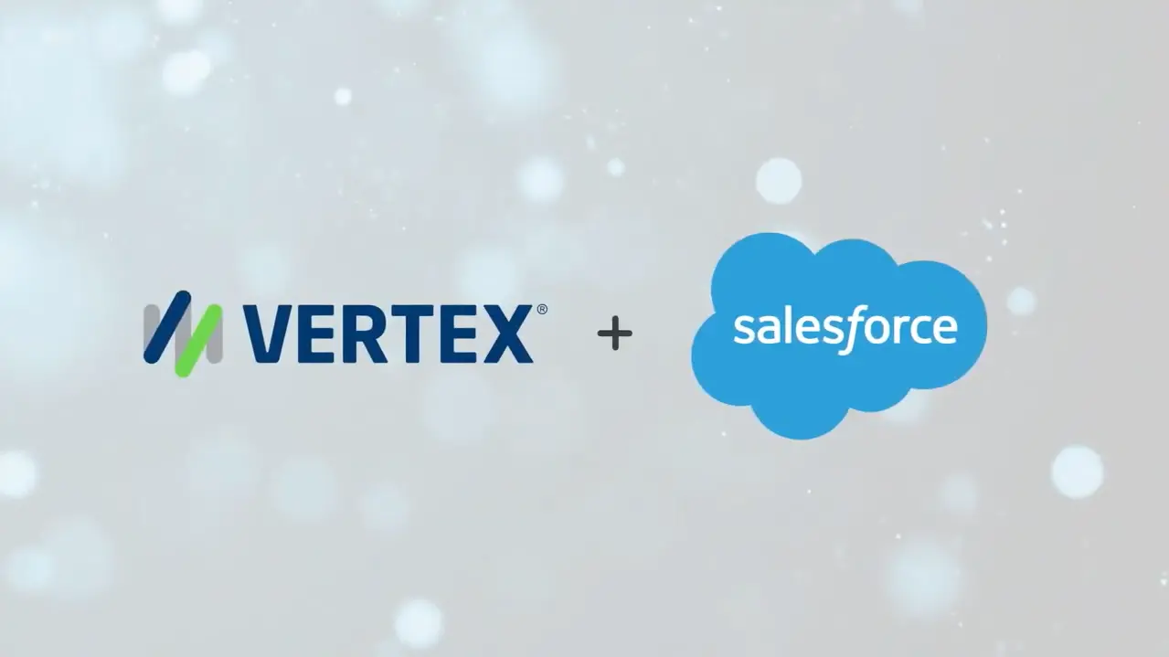 Thumbnail image for Vertex + Salesforce Partnership video displaying the logos of the two companies, side-by-side