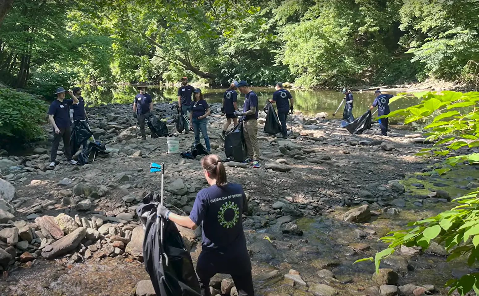 Employees from Vertex volunteer to pick garbage out of a river.
