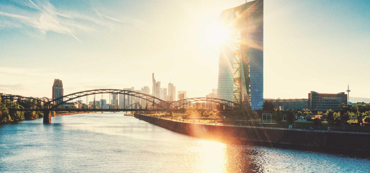 The European Central Bank Building and the skyline of Frankfurt am Main.
