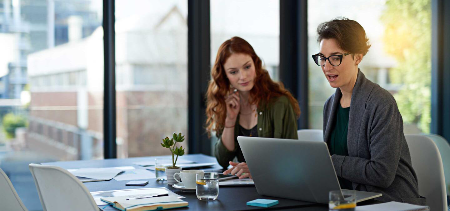 two business women working on a laptop