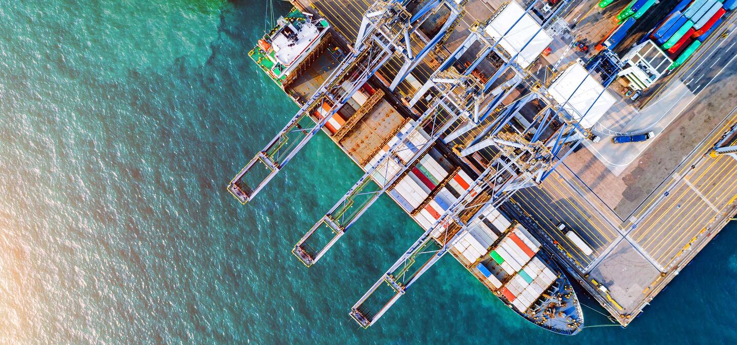 Global trade networks. International supply chain commercial logistics industry Aerial view