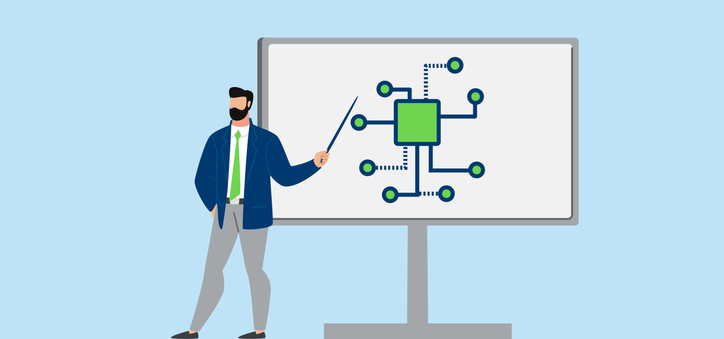 An illustration of a business man pointing to a graphic on a screen.