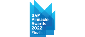Several vertically-oriented, blue, semi-transparent right trapezoids overlapping one another. In the closest trapezoid, there is white text that reads "SAP Pinnacle Awards 2022 Finalist."