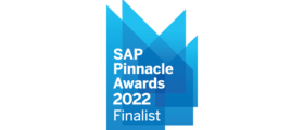 Several vertically-oriented, blue, semi-transparent right trapezoids overlapping one another. In the closest trapezoid, there is white text that reads "SAP Pinnacle Awards 2022 Finalist."