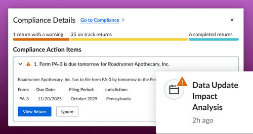 Vertex Platform screenshot of the Compliance Details Panel with an excerpt for understanding Data Update Impact Analysis.