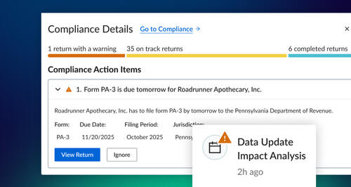 Vertex Platform screenshot of the Compliance Details Panel with an excerpt for understanding Data Update Impact Analysis.