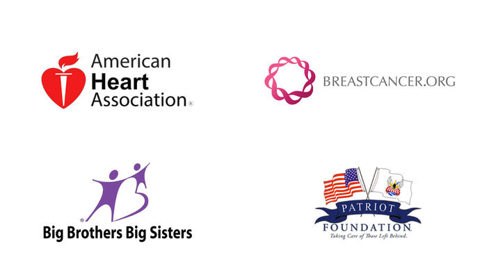 Company logos for the American Heart Association, BreastCancer.org, Big Brothers Big Sisters, and the Patriot Foundation