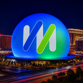 The skyline of Las Vegas at night, including the Sphere, which proudly displays the Vertex logo.