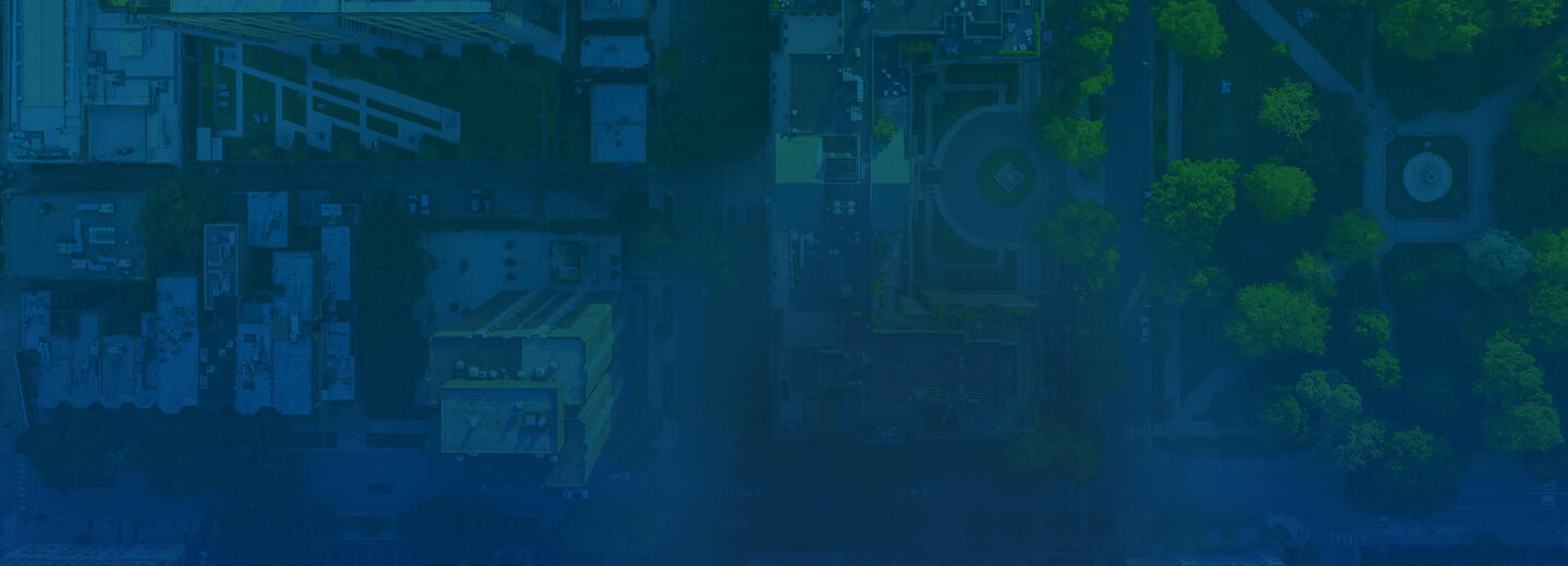 A birds-eye view of a city with plenty of greenery scattered throughout. A blue overlay has been added to the image.