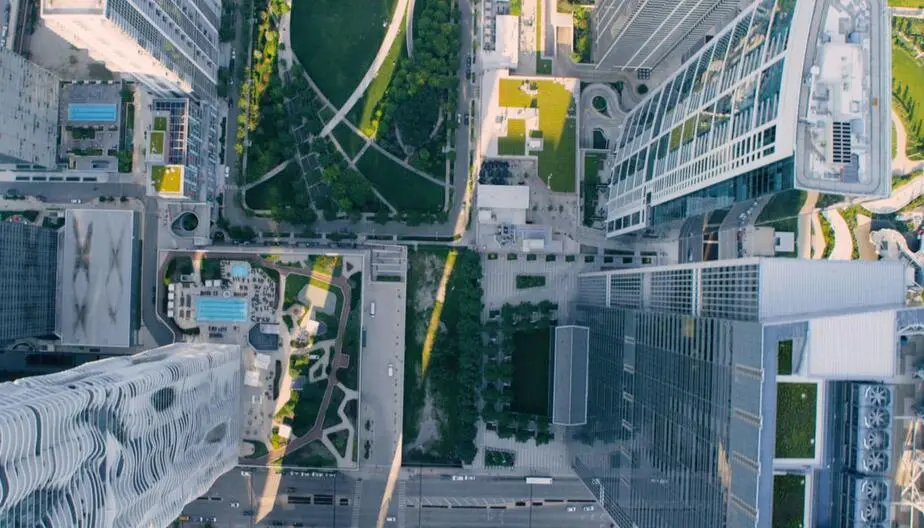 Overhead view of buildings in a business park