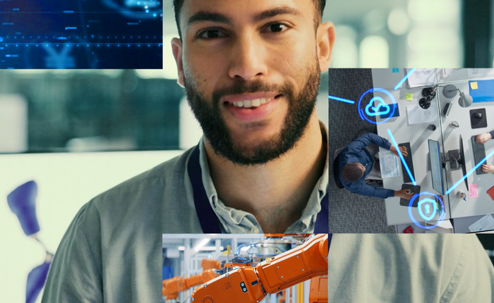 A mosaic of different industries like medical, manufacturing, and information technology surrounding a central, smiling man.
