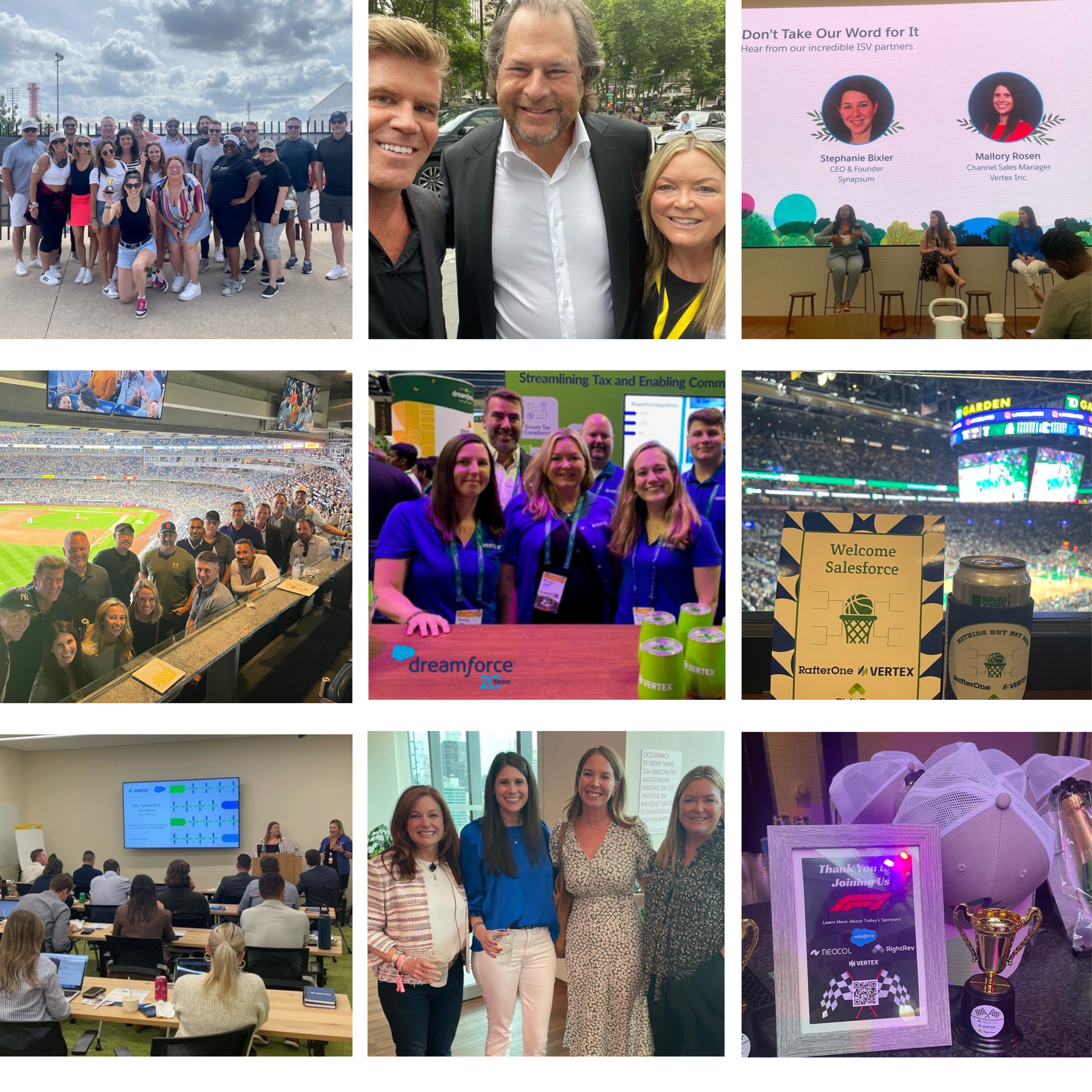 A grid of nine images displaying several Vertex + Salesforce partnership events, including presentations, sports outings, and award ceremonies. Each individual image primarily focuses on groups of people gathered together to illustrate the partnership.