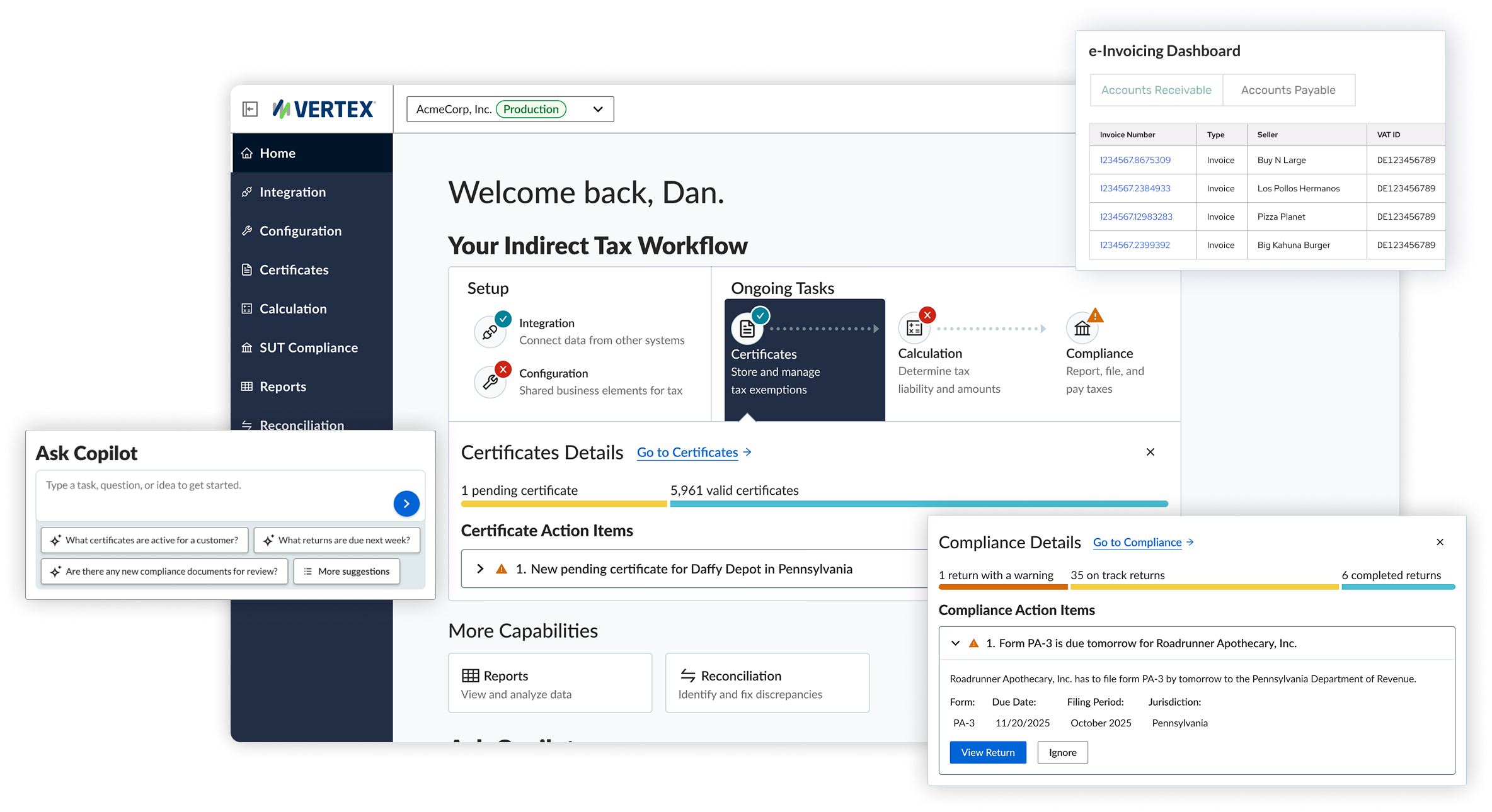 Screenshot of the Vertex Platform Dashboard with callouts for Copilot, e-Invoicing, and Compliance Details.