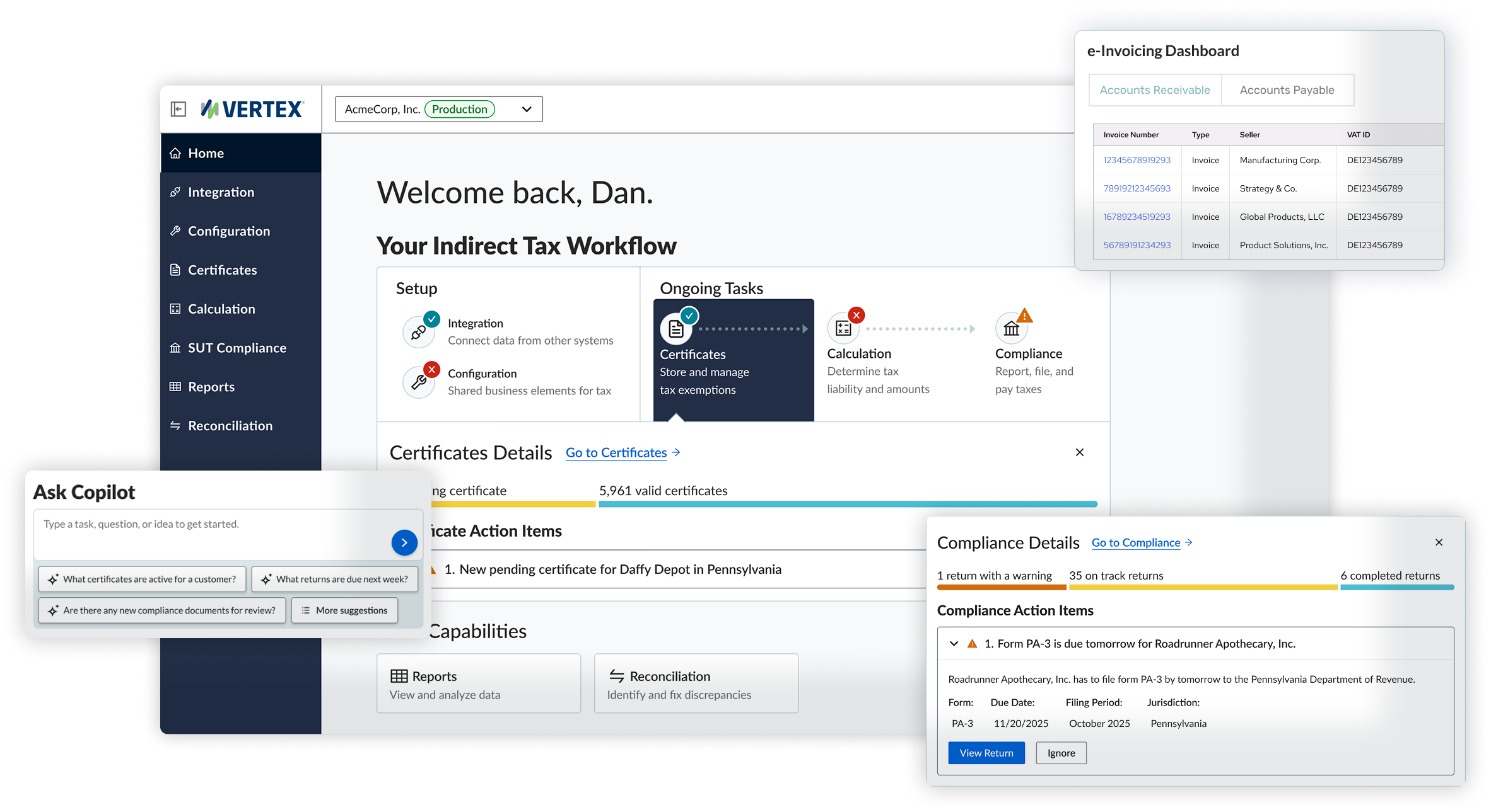 Screenshot of the Vertex Platform Dashboard with callouts for Copilot, e-Invoicing, and Compliance Details.