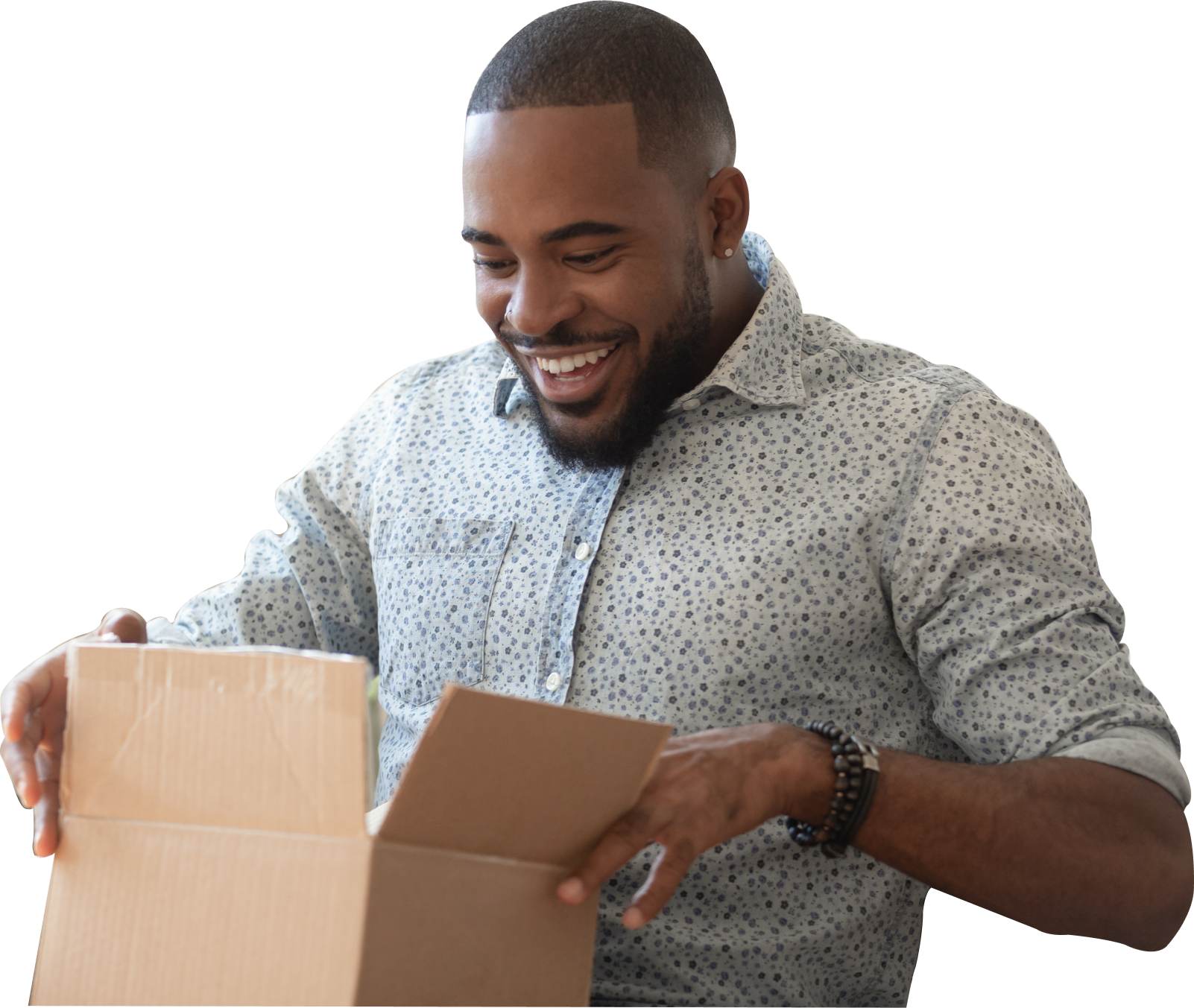 excited man looking inside open cardboard box